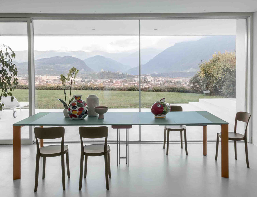 Delta - Sublime green ceramic console transforms into 3 meter long dining table with central supporting legs - Space Saving Transforming Dining Tables - Spaceman Singapore