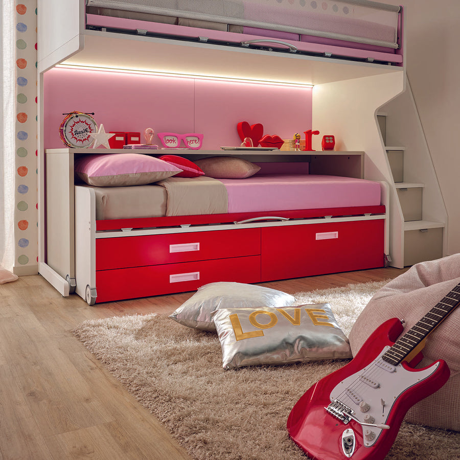 Zigzag - kids teens bunk beds with mobile study desk - lower bed tucked under the mobile study desk to make it more space efficient - space saving furniture - Spaceman Singapore