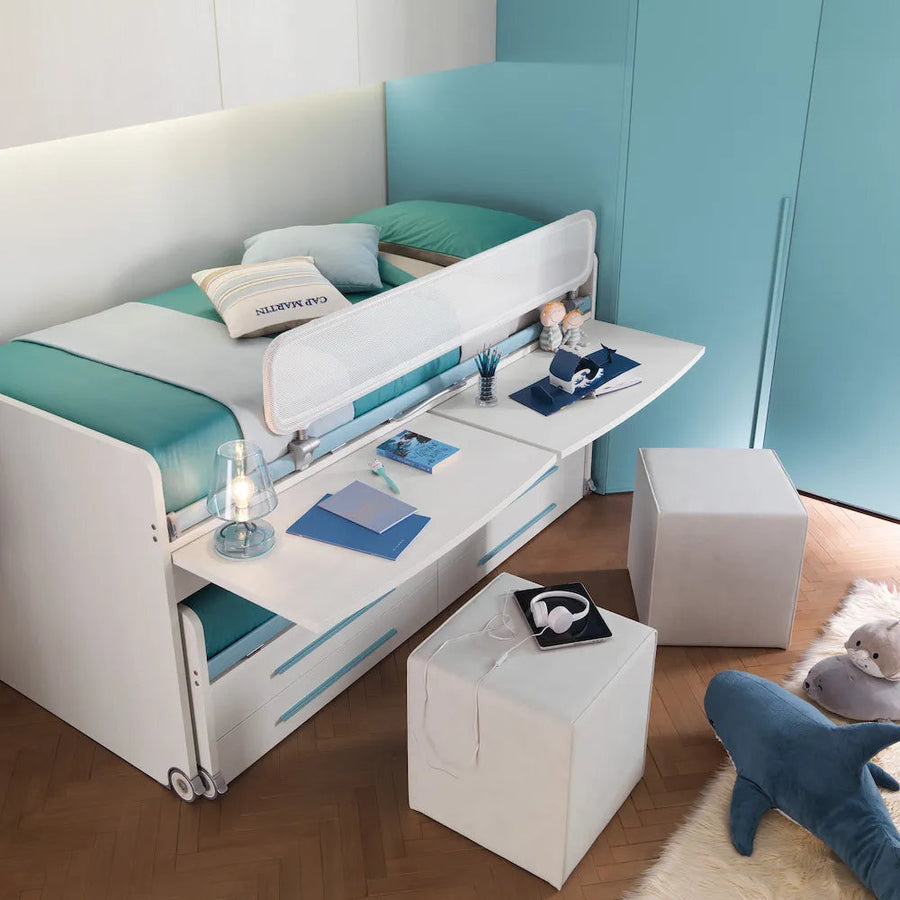 Cascade - kids and teens bunk beds with desk - double desk pulled out - Space saving furniture - Spaceman Singapore