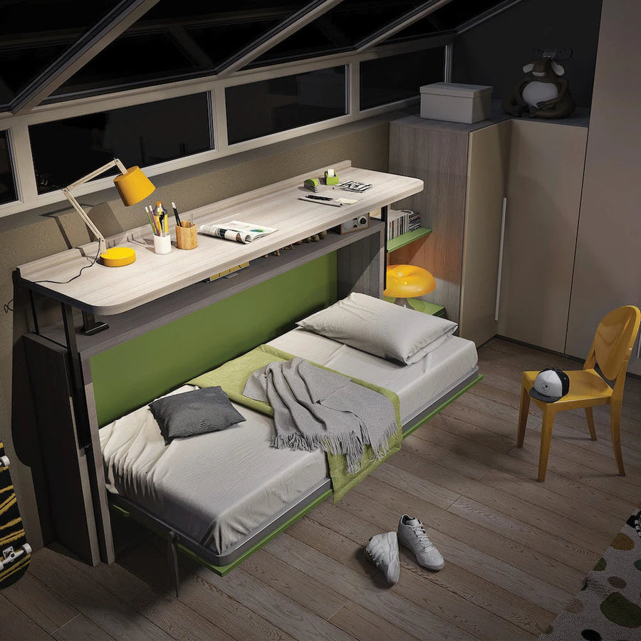 Slumberdesk Junior - Kids and teen murphy bed - single horizontal bed with desk - open - standard mechanism - Space saving furniture -  Spaceman Singapore