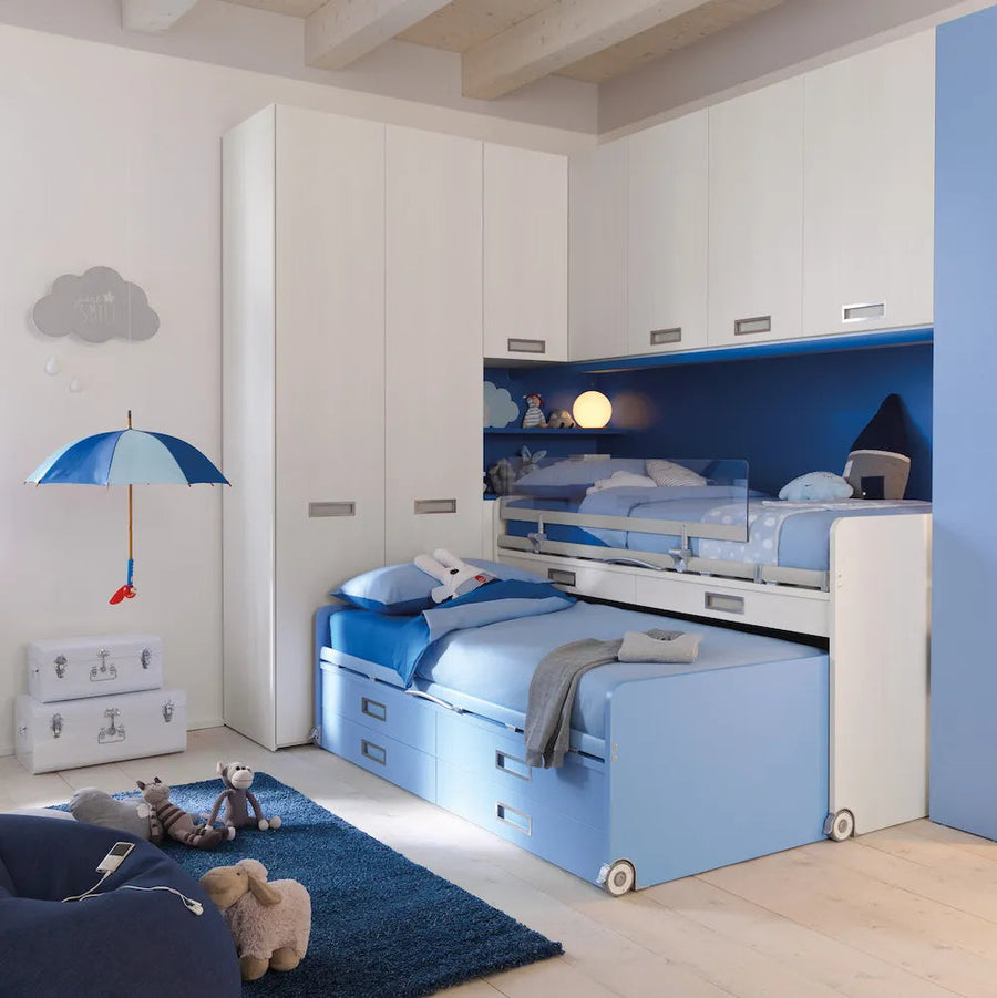 Cascade - Kids and teen bunk beds with desk - more storage drawers - bottom bed pulled out - Rail guard to prevent from rolling down - Customised carpentry - Space saving furniture - Spaceman Singapore