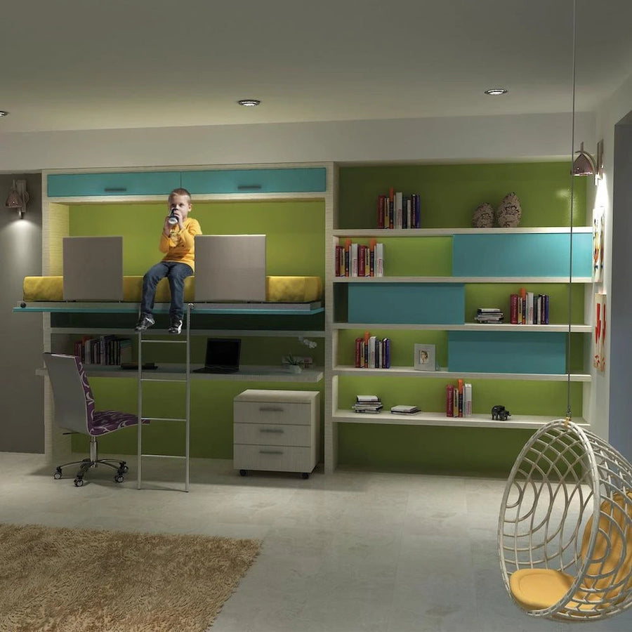 Tuckin - kids and teens loft murphy bed with desk - single horizontal loft bed - movable ladder - in built desk - customisable carpentry - space saving furniture - Spaceman Singapore