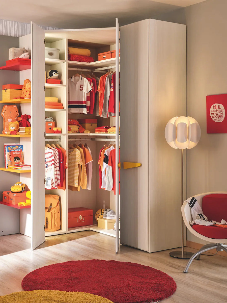 Sage - Kids or teens bed with customised wardrobe - Open door showing all the shelvings, with a corner shelving - Space Saving kids bedroom furniture - Spaceman Singapore