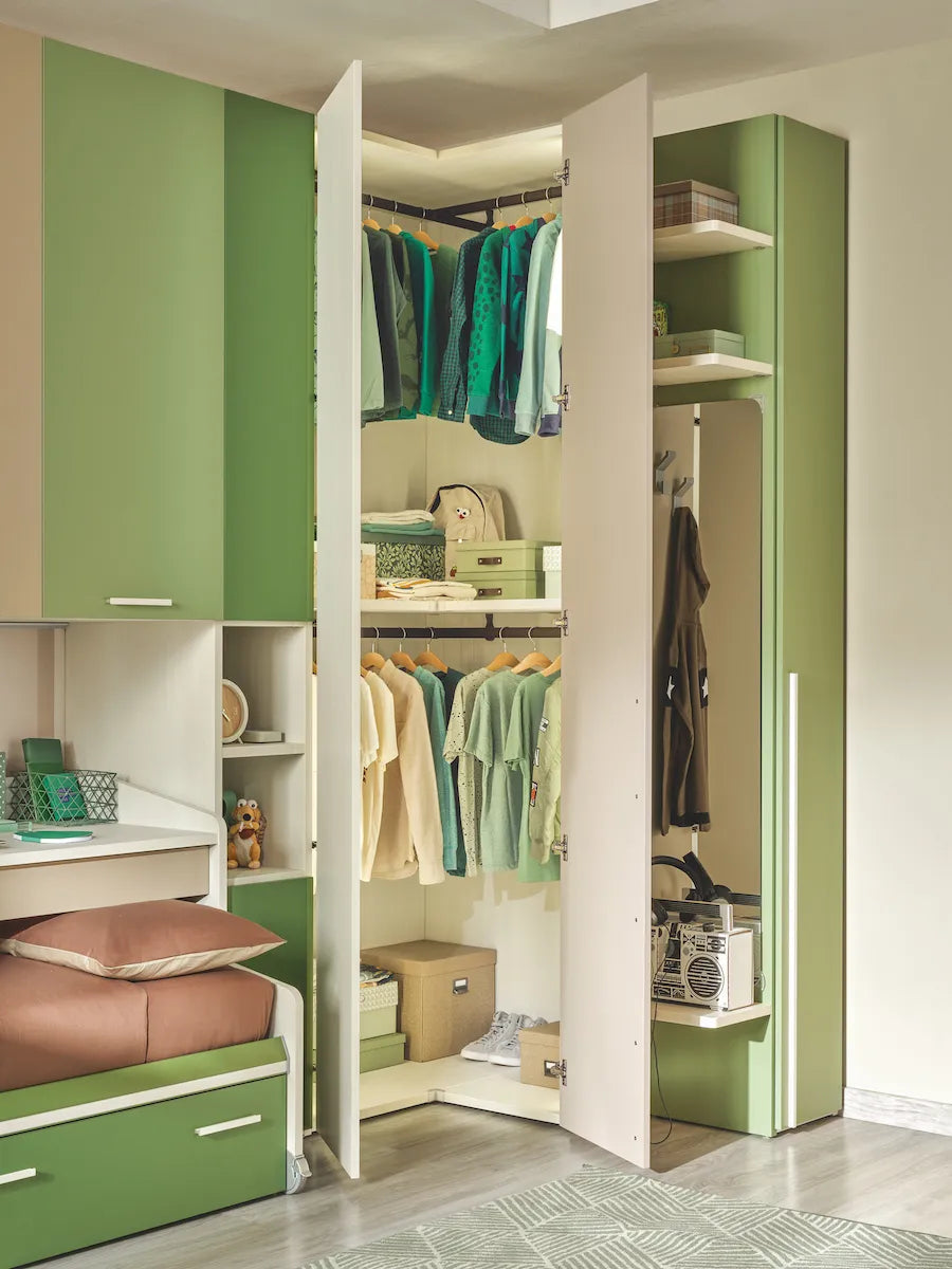 Sage - Kids or teens bedroom with customised cabinetry - wardrobe and shelvings with open doors - Space saving kids bedroom furniture - Spaceman Singapore