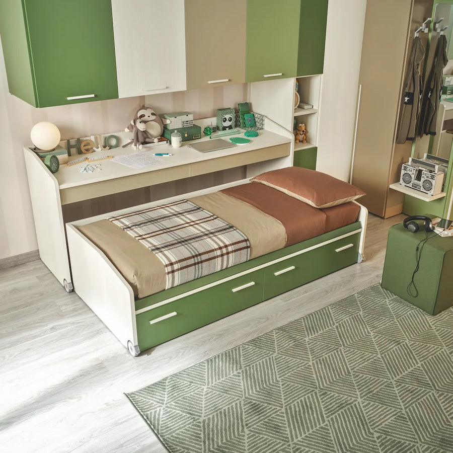 Sage - Single kids or teens bed with mobile desk - pull out bed with wheels and plenty or storage drawers - Customised carpentry available - Space saving kids bedroom furniture - Spaceman Singapore