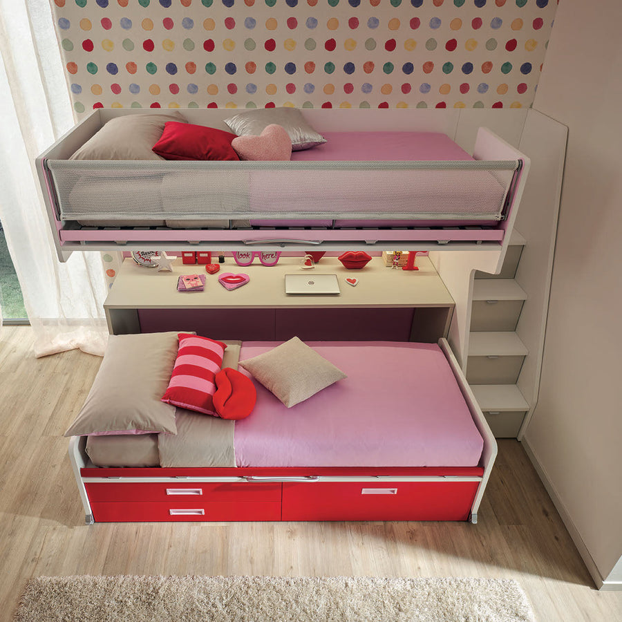 Zigzag - kids teens bunk beds with mobile study desk - lower bed pulled out with wheels - Space saving furniture - Spaceman Singapore