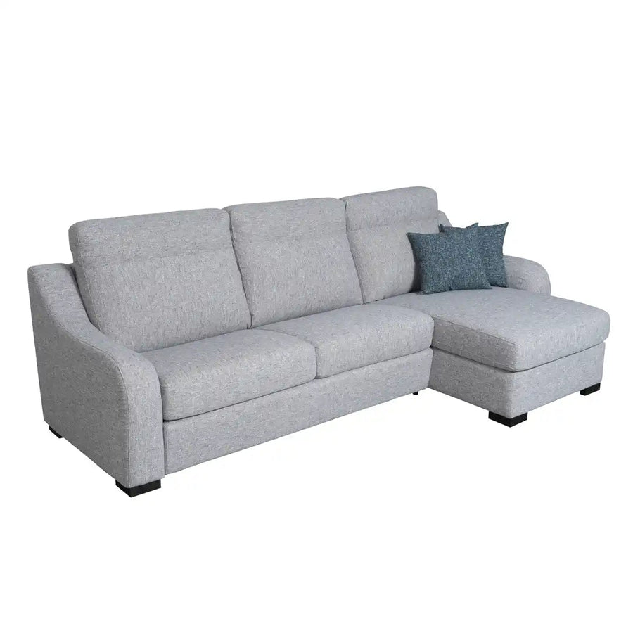 Slumbersofa Apex -  Side view of a three seater grey fabric sofa bed with high backrest and a closed storage chaise, featuring a pair of 19cm curved sofa arms and a closed queen size mattress | Spaceman space saving furniture, Singapore.