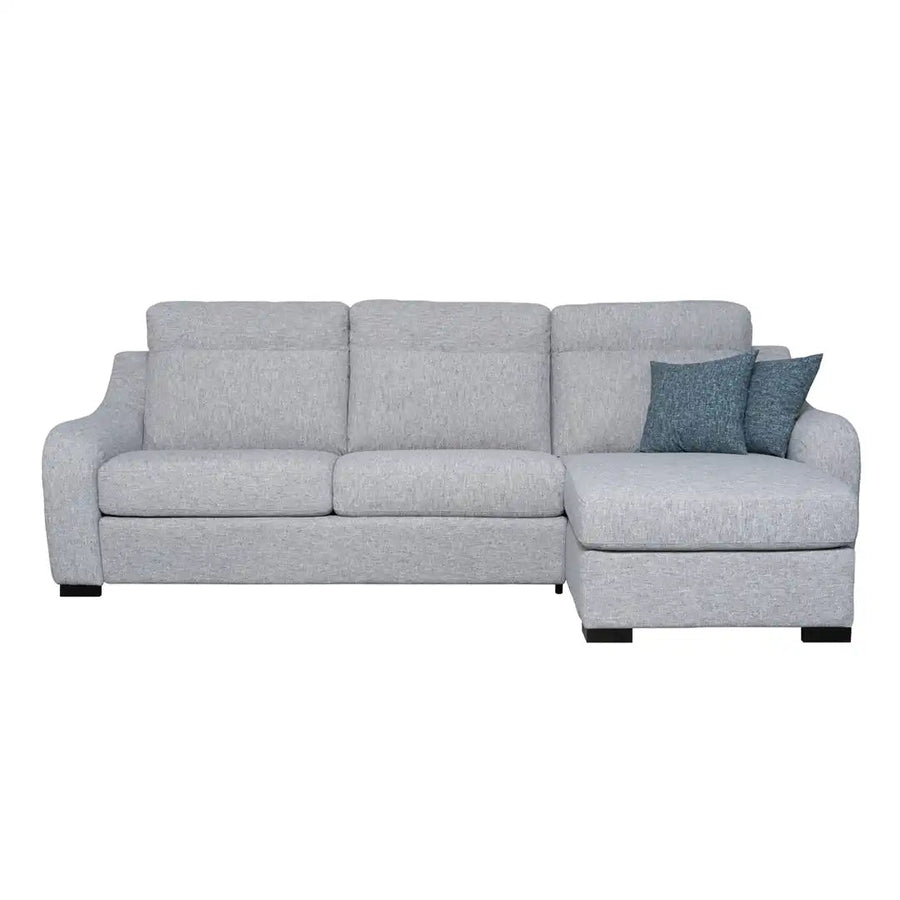 Slumbersofa Apex -  Front view of a three seater grey fabric sofa bed with high backrest and storage chaise, featuring a pair of 19cm curved sofa arms and a closed queen size mattress | Spaceman space saving furniture, Singapore.