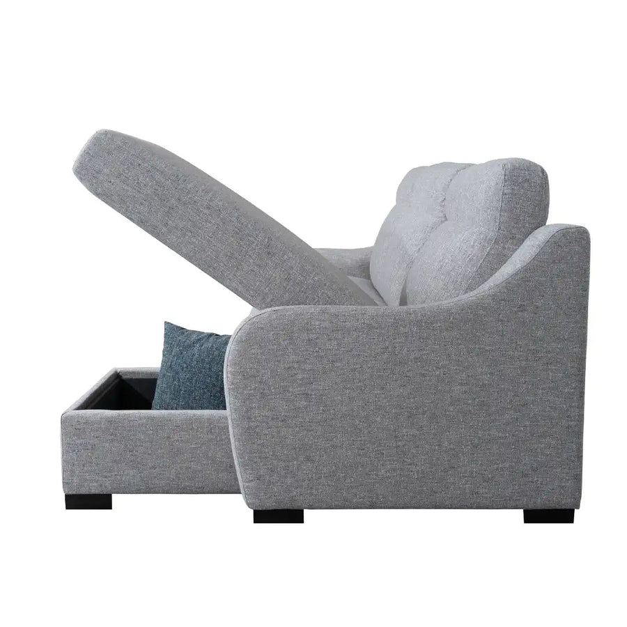 Slumbersofa Apex -  Side view of a three seater grey fabric sofa bed with high backrest and an opened chaise storage, featuring a pair of 19cm curved sofa arms and a closed queen size mattress | Spaceman space saving furniture, Singapore.