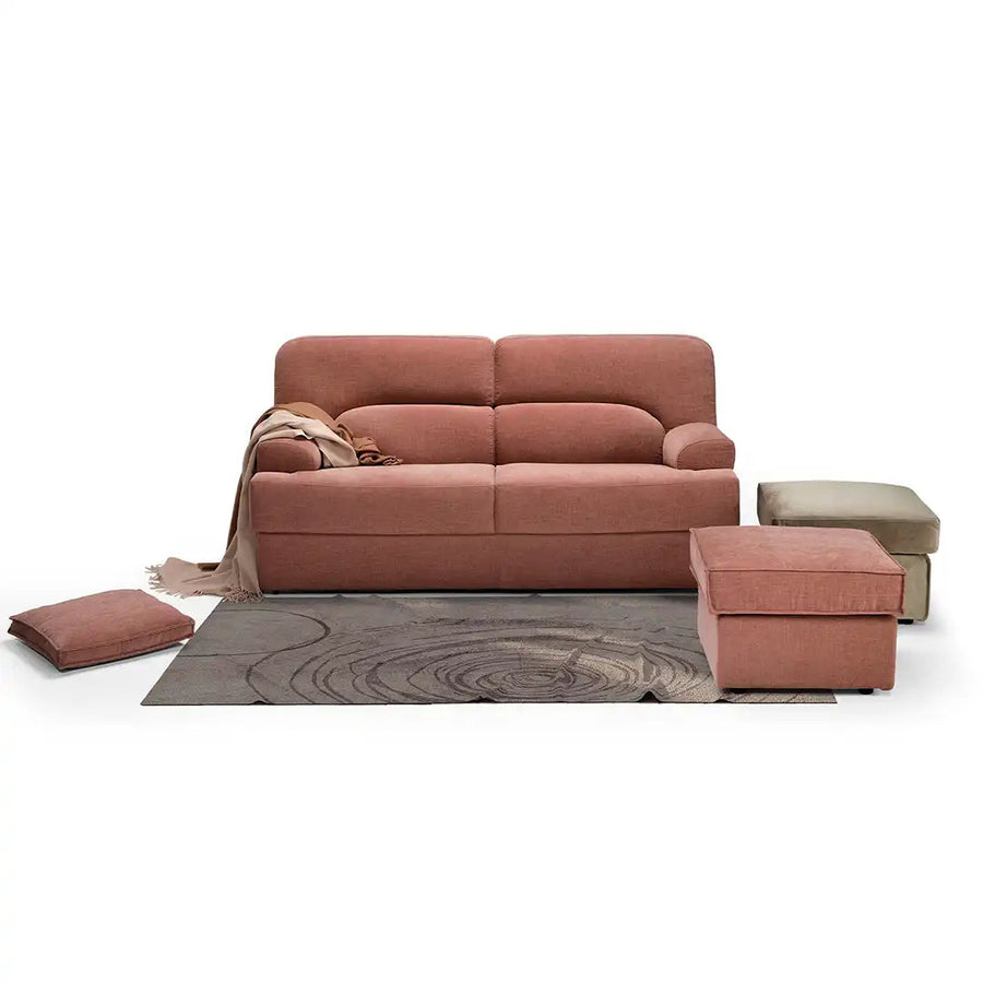 Slumbersofa Compact - Front view of two seater sofa bed in fabric finish with 23cm internal sofa arms, low armrests, a closed mattress and two ottoman at the side of the sofabed | Spaceman space saving furniture, Singapore.