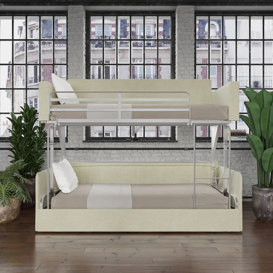 Slumbersofa Duo - Front view of a fully opened sofa bed transforms to bunk beds, in a living room in front of the window | Spaceman space saving furniture, Singapore.