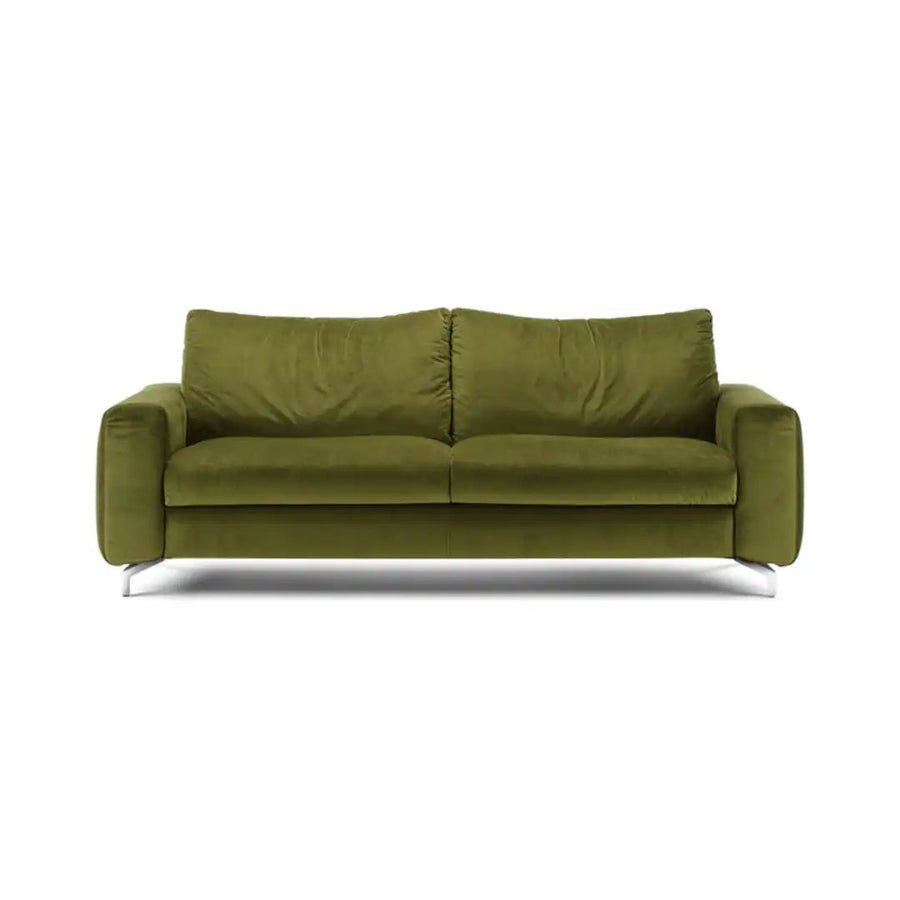 Slumbersofa Embrace - Front view of a two seater green sofa bed with feather padding and removable cover, featuring a pair of 22cm sofa arms and a closed king size mattress | Spaceman space saving furniture, Singapore.
