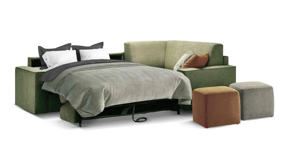 Slumbersofa Enigma - Front view of customisable real mattress sofa bed in fabric finish with 20cm regular sofa arm, a corner sofa and an opened mattress with footstools | Spaceman space saving furniture, Singapore.