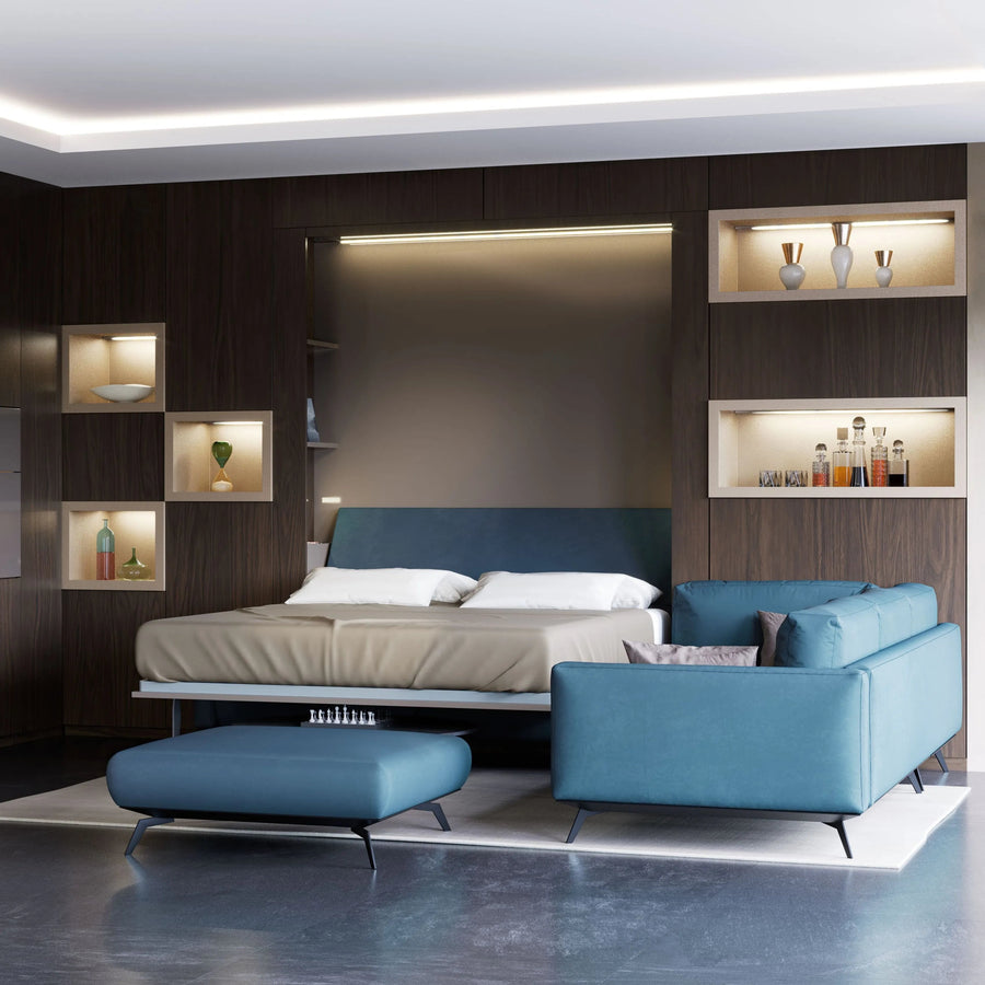 Slumbersofa Poise murphy bed with sleek L shape sofa and ottoman Spaceman Singapore