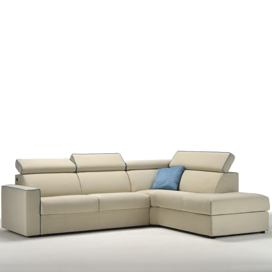 Slumbersofa Grandiose - Front side view of three seater fabric sofa bed with adjustable headrest, 20cm regular armrests, a corner sofa and a closed king size mattress in living room | Spaceman space saving furniture, Singapore.