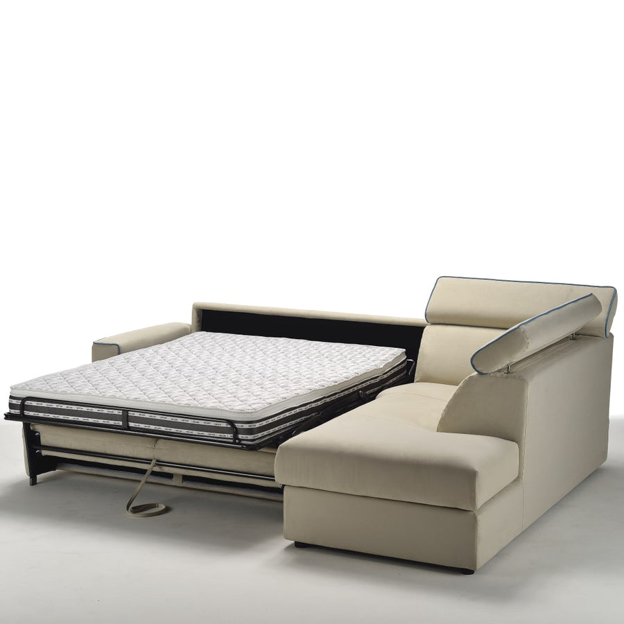 Slumbersofa Grandiose - Side view of three seater fabric sofa bed with adjustable headrest, 20cm regular armrests, a corner sofa and an opened king size mattress in living room | Spaceman space saving furniture, Singapore.
