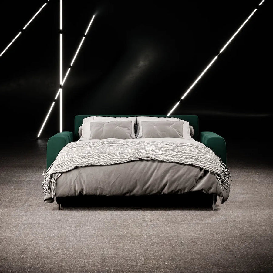 Slumbersofa Groove - Front view of two seater sofa bed in fabric finish with 22cm sofa arms and an opened queen size mattress in a studio | Spaceman space-saving furniture, Singapore.