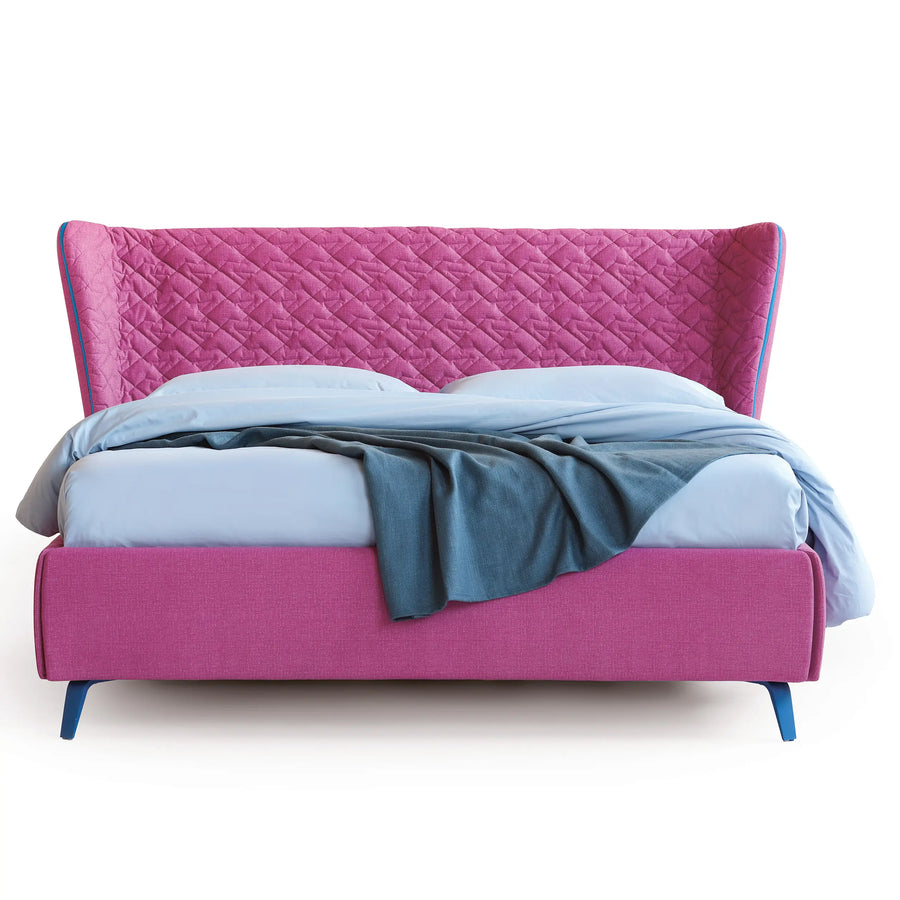 Slumberstore Snug Storage Bed, with soft padded curved headboard design, seen here in pink with blue zip| Spaceman space saving furniture, Singapore.