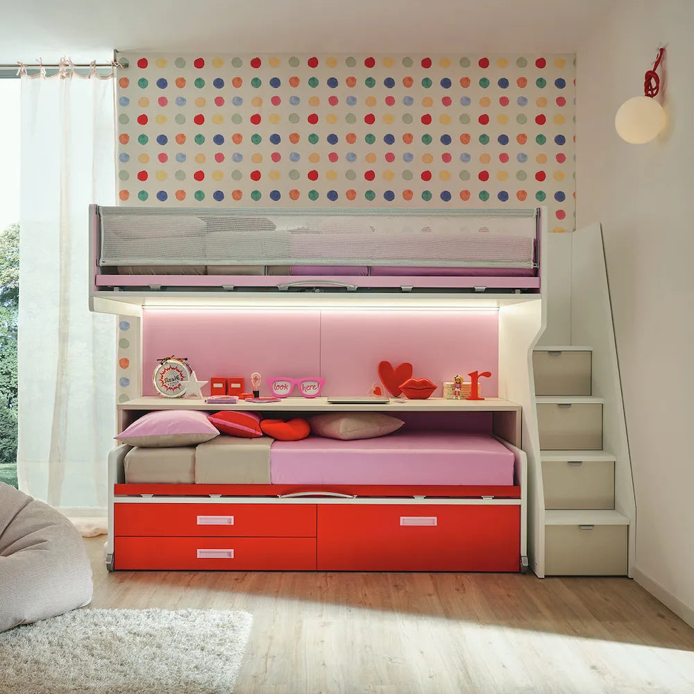 Spaceman kids bunk beds with drawers steps and desk on wheels